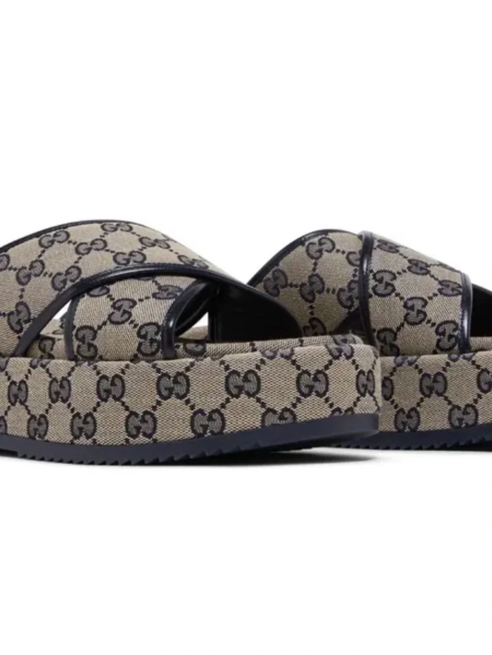 Gucci Beige & Blue Monogram Cross-Strap Platform Sandals